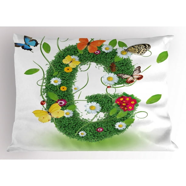 Letter G Pillow Sham Spring Inspired Foliage Nature Theme Butterflies