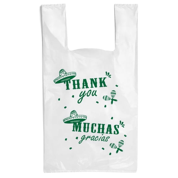 Thank You Muchas Gracias Print, Plastic Shopping Bags with handles, 500 Count, White, 11.5" x 7.5" x 22"