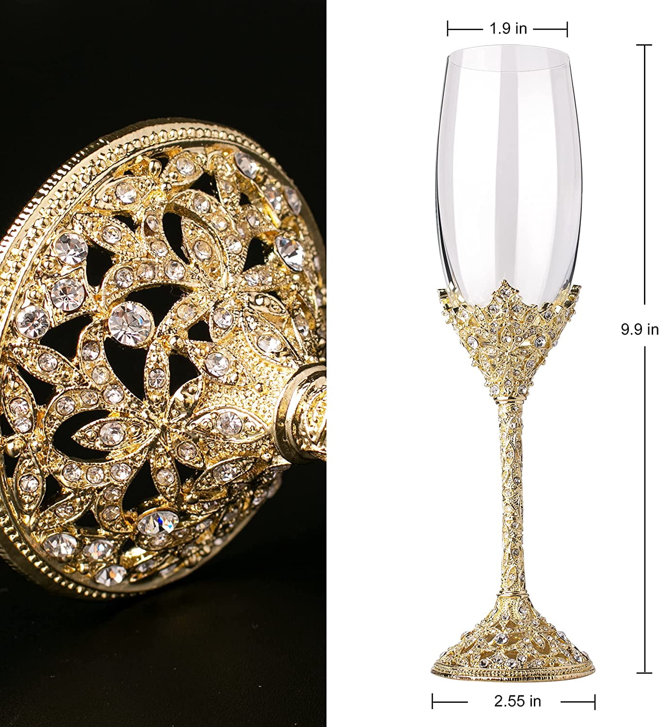Champagne Flutes - Crystal Glass Metal Base With Crystal Stones, Set of 2 Toasting Flute Pair, Wedding Anniversary Party Birthday Banquets and Gifts for Bride and Groom7oz