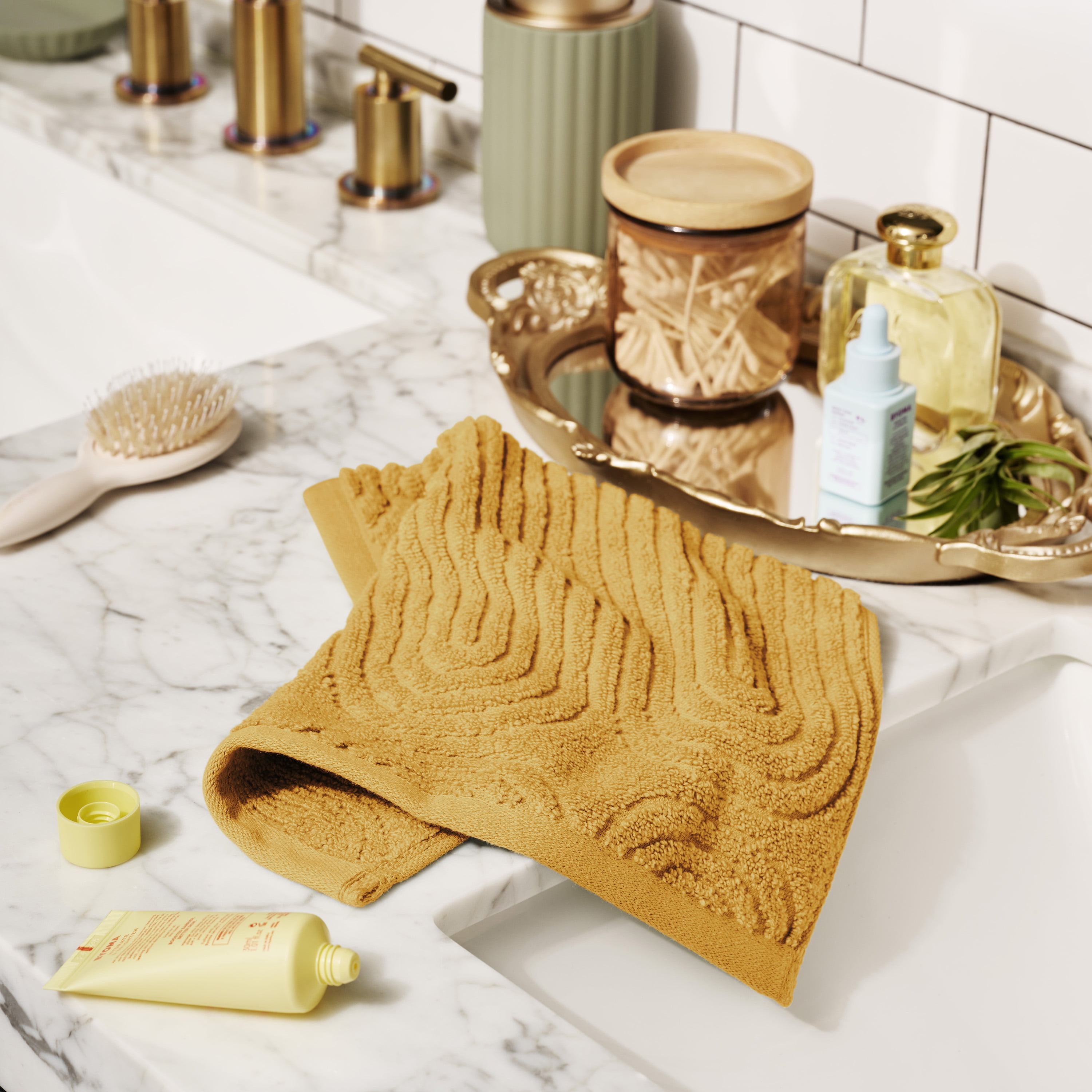 Beautiful by Drew Barrymore Textured Washcloth, Soft 100% Cotton, Amber Yellow