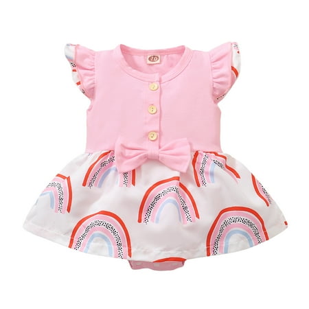 

Baby Girls Bodysuits Infantleeveless Bowknot Rainbow Printed Romper Bodysuit