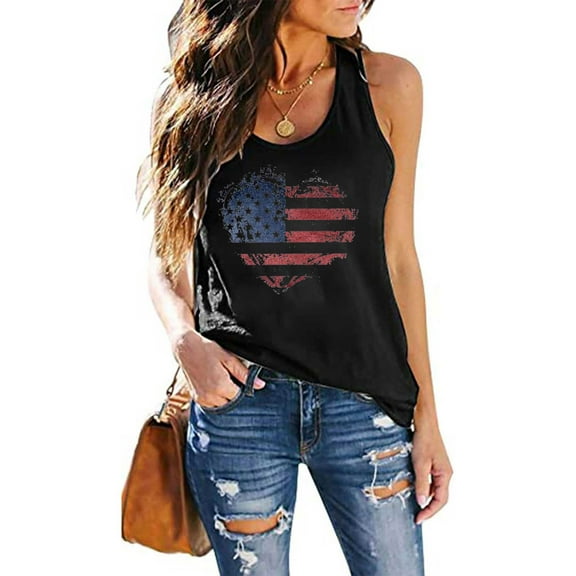 Fznquz Tank Tops Women 4th of July Independence Day American Flag Soft Crew Neck Black Fashion Sleeveless Plus Size Tank Tops Under 10