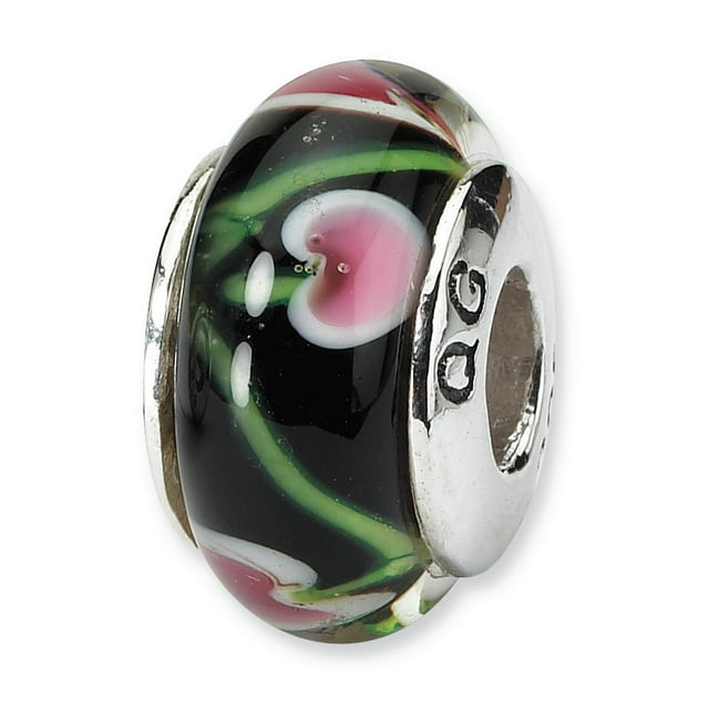 Argent Sterling 925 Charme pour Bracelet Noir / Rouge Main Soufflé Verre Perle H