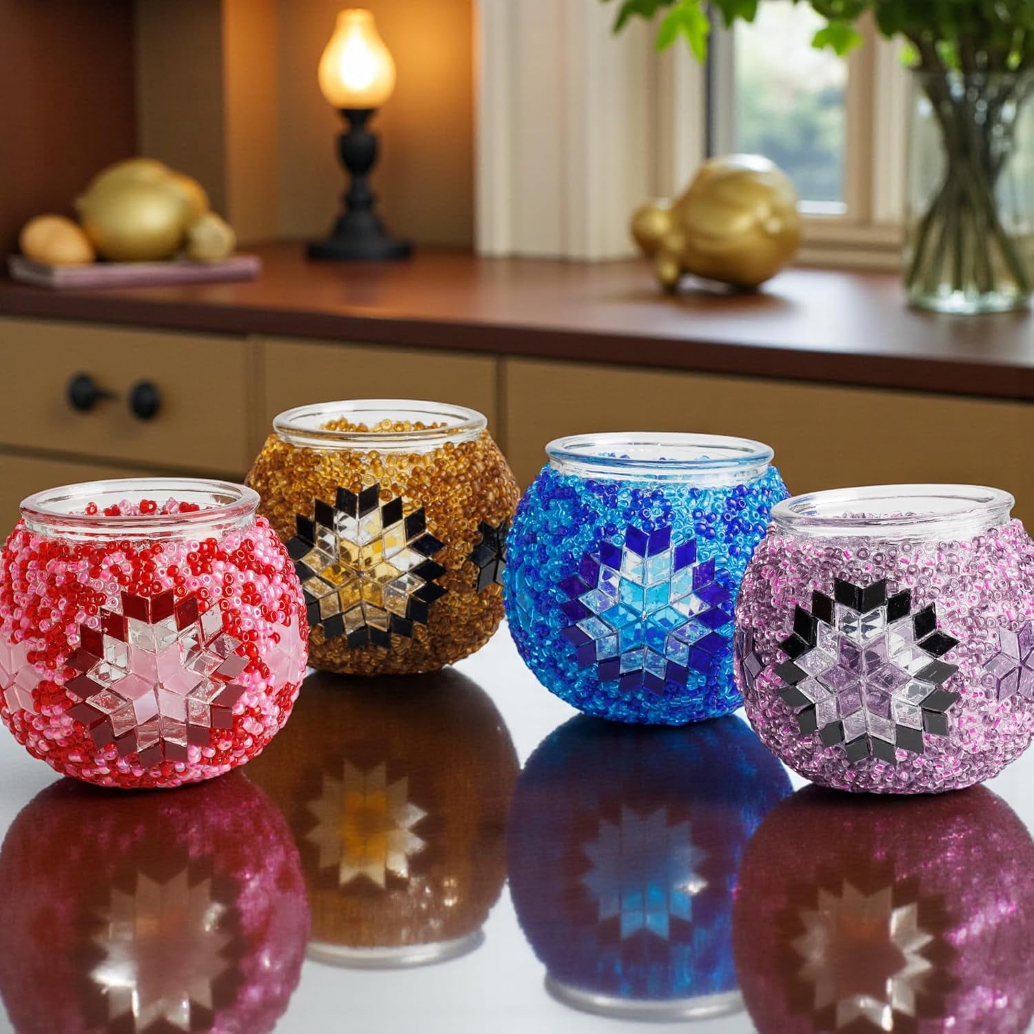 DEMMEX DIY Turkish Mosaic Tealight Candle Holder Kit - No Grout or Plaster - Complete Beginner Mosaic Art & Craft Project for Adults and Teens - 4x4 in. DIY Home Decor & Gift Set (Pink)