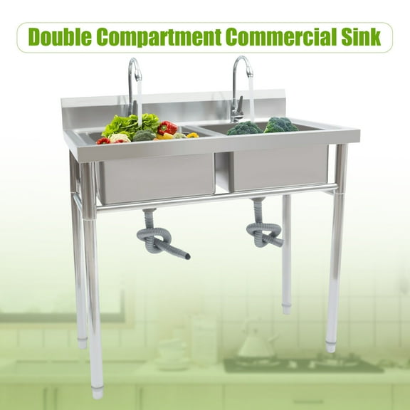 2 Compartment NSF Stainless Steel Commercial Kitchen Prep Sink - Dual Drainboard