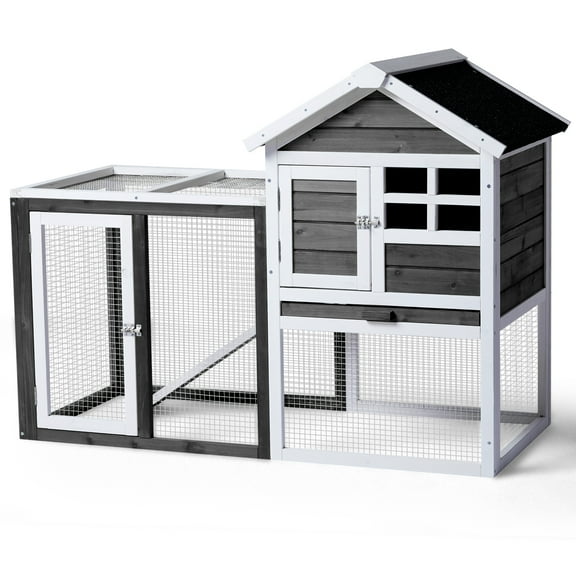ZephyPaws Wooden Rabbit & Chicken Hutch with Pull Out Upper Tray, 2-Story Outdoor Gray