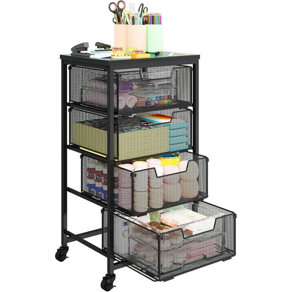 Metal Art and Craft Storage Organization Cart 4-Drawers Utility Rolling Carts With Lockable Wheels&Wooden Tabletop Art-Craft Supplies For Classroom,Office,Make-up,Kitchen,Bedroom