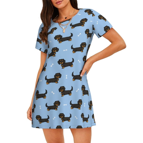 Fotbe Dachshund Dog Bata de Dormir para Mujer con Estampado, Camisón de Algodón de Manga Corta, Ropa de Dormir Casual