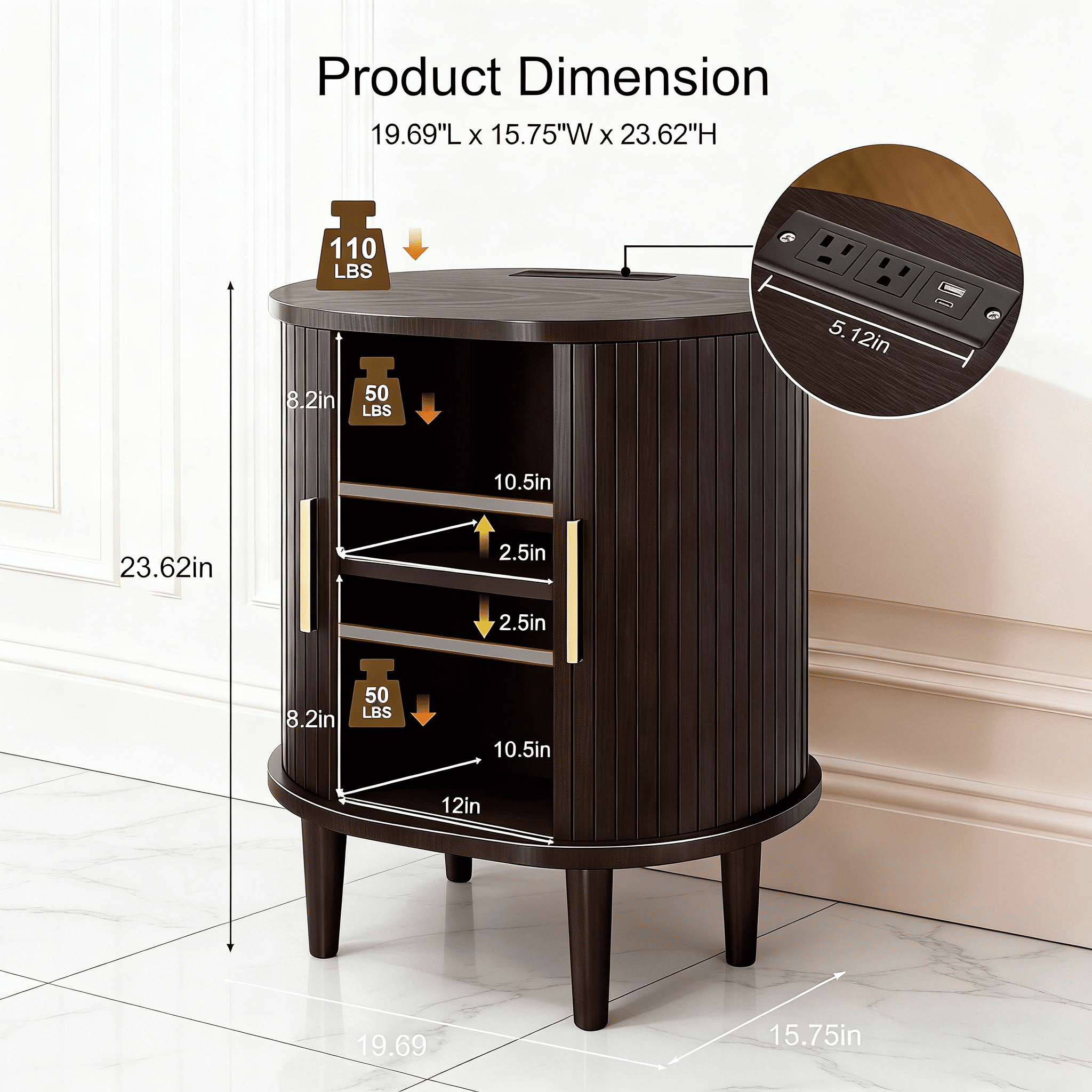Aisword Nightstand with Charging Station, Fluted Accent Side Table with Sliding Door and Adjustable Shelf, End Table for Small Space, Brown