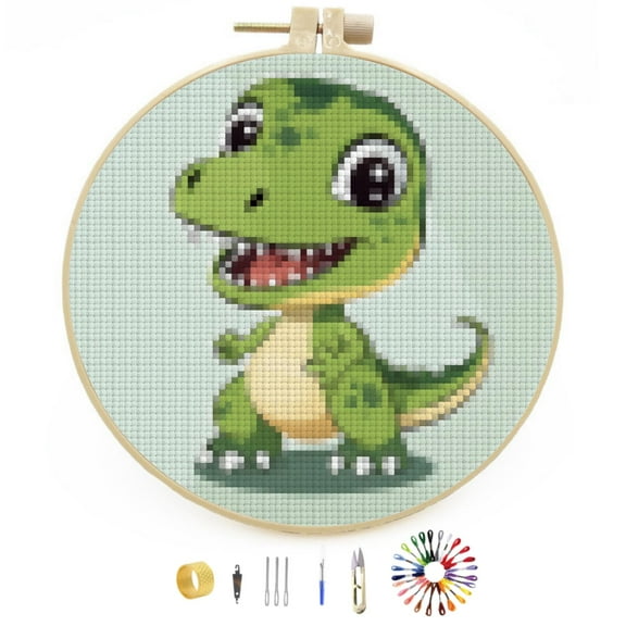 Cartoon Cute Baby Green Dinosaur Easy Stamped Cross Stitch Kits for Beginners with Hoop Simple Patterns 11CT Counted Embroidery Needlepoint Crafts Arts for DIY Enthusiasts and Home Decor 26x26cm(4)