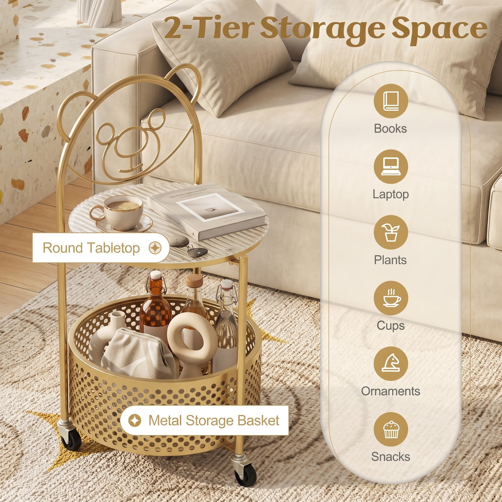 Furnibear Modern Sofa Side Table with Lockable Wheels, Round Tempered Glass End Table with Metal Storage Basket for Living Room Bedroom Study, Rolling C-Shaped, Gold