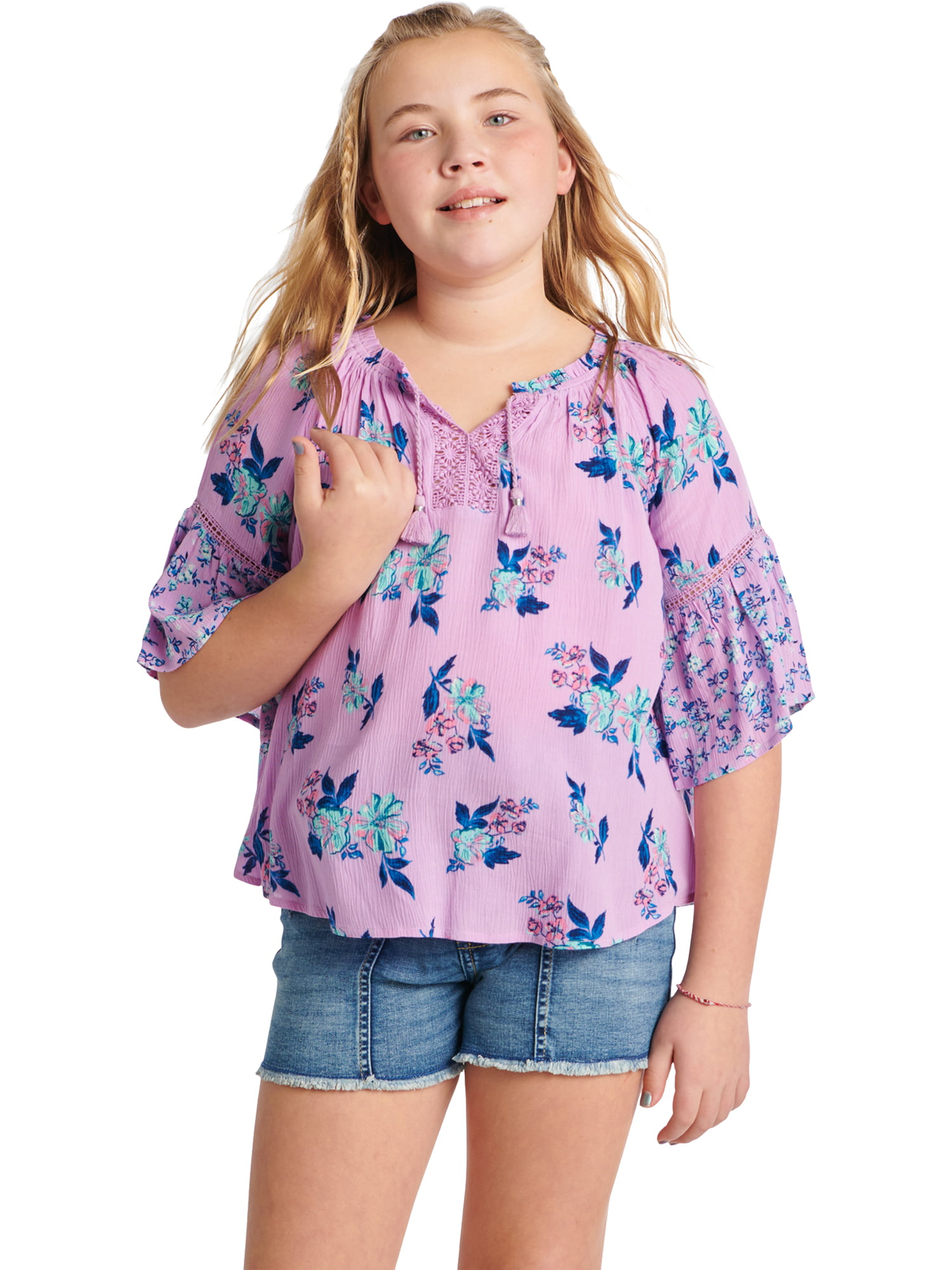 Justice for Girls Sparkle Tropical Floral Babydoll Top 