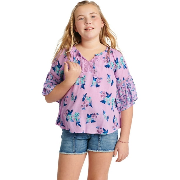 Justice Girls Printed Notch Neck Flowy Peasant Blouse, Sizes XS(5/6