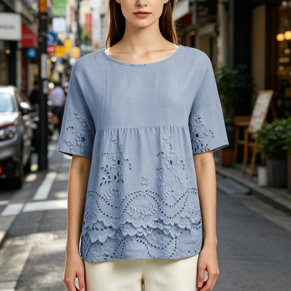 Cotton Eyelet Boho Tops For Women,Crew Neck Short Sleeve Shirts Women's Cotton Linen Blouse Loose Fit Casual Boho Top Babydoll Blouses Eyelet Embroidered Shirts Vacation Clothes,Blue,L