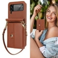 thumbnail image 7 of For Samsung Galaxy Z Flip 4 PU Leather Case, Stylish Crossbody Strap Wristband Card Slots Magnetic Snap RFID Blocking Drop Protective Rugged Case for Samsung Galaxy Z Flip 4, Brown, 7 of 7