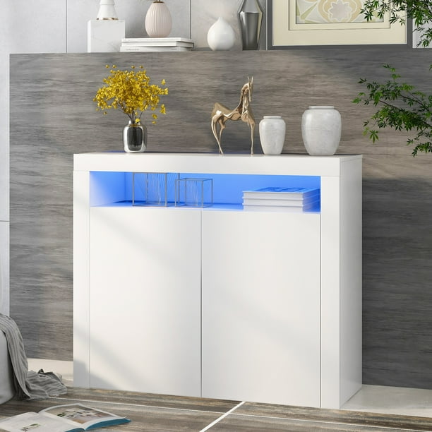 Dcenta High Gloss Sideboard Mordern 2 Door Storage Cabinet With Led Lights 16 Colors Remote Control For Living Room Kitchen White Com Dcenta High Gloss Sideboard Mordern 2, 2 Door Pantry Storage Cabinet White Gloss