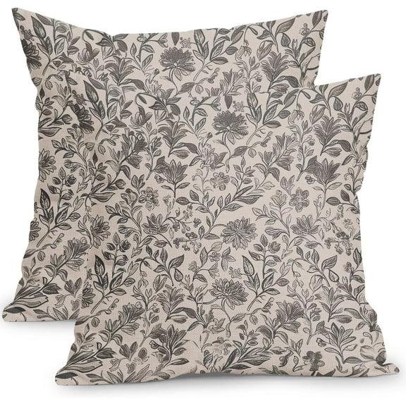 Vintage Floral Pillow Covers 16x16 Inch Set of 2 Antique Flower Block Print Pillowcases Dark Gray Neutral Traditional Square Cushion Case for Couch Sofa Bed