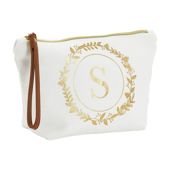Gold Initial S Personalized Makeup Bag for Women, Monogrammed Canvas Cosmetic Pouch (White, 10 x 3 x 6 In)