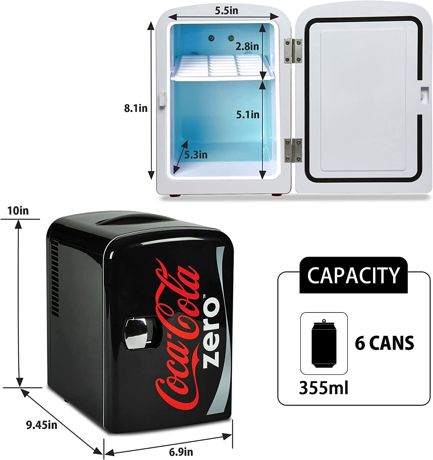 Zero  Fridge - 6 Can Portable Refrigerator for Car Office Dorm, 12V/110V Dual Power Beverage Cooler with Thermoelectric Cooling