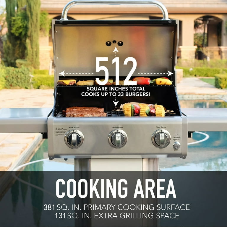 Kenmore 3 Burner Gas Grill Outdoor BBQ Grill Propane Grill with Foldable Side Tables Pearl White