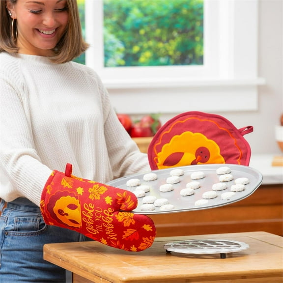 Gobble till you wobble" Oven Mitt and Turkey Pot Holder Set