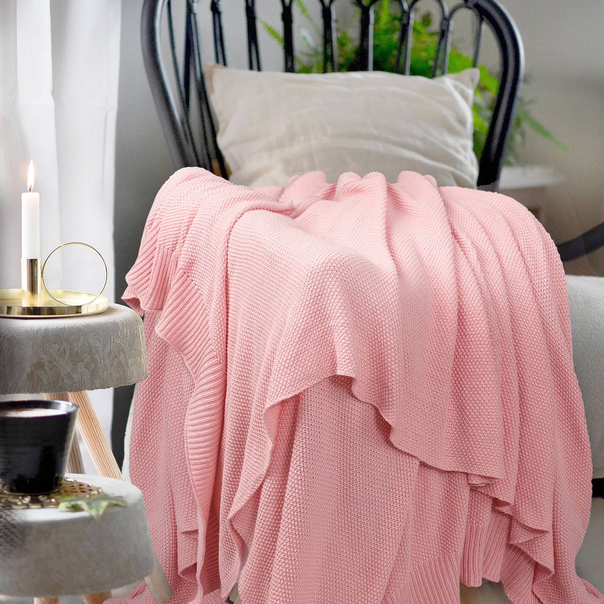 Unique Bargains Pure Cotton Soft Cable Knit Throw Blanket Pink 50" x 70"