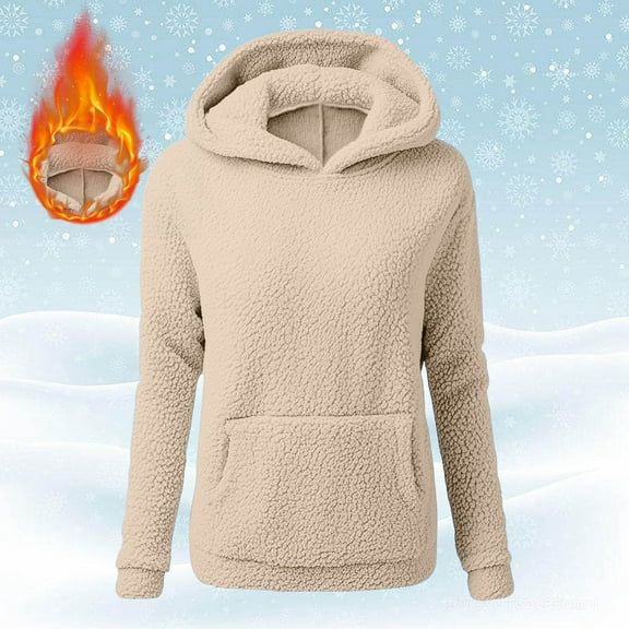Homenesgenics Winter Clothes for Women Plus Size Women Solid Color Teddy Bear Coat Long Sleeved Casual Hooded Fleece Jackets Beige L