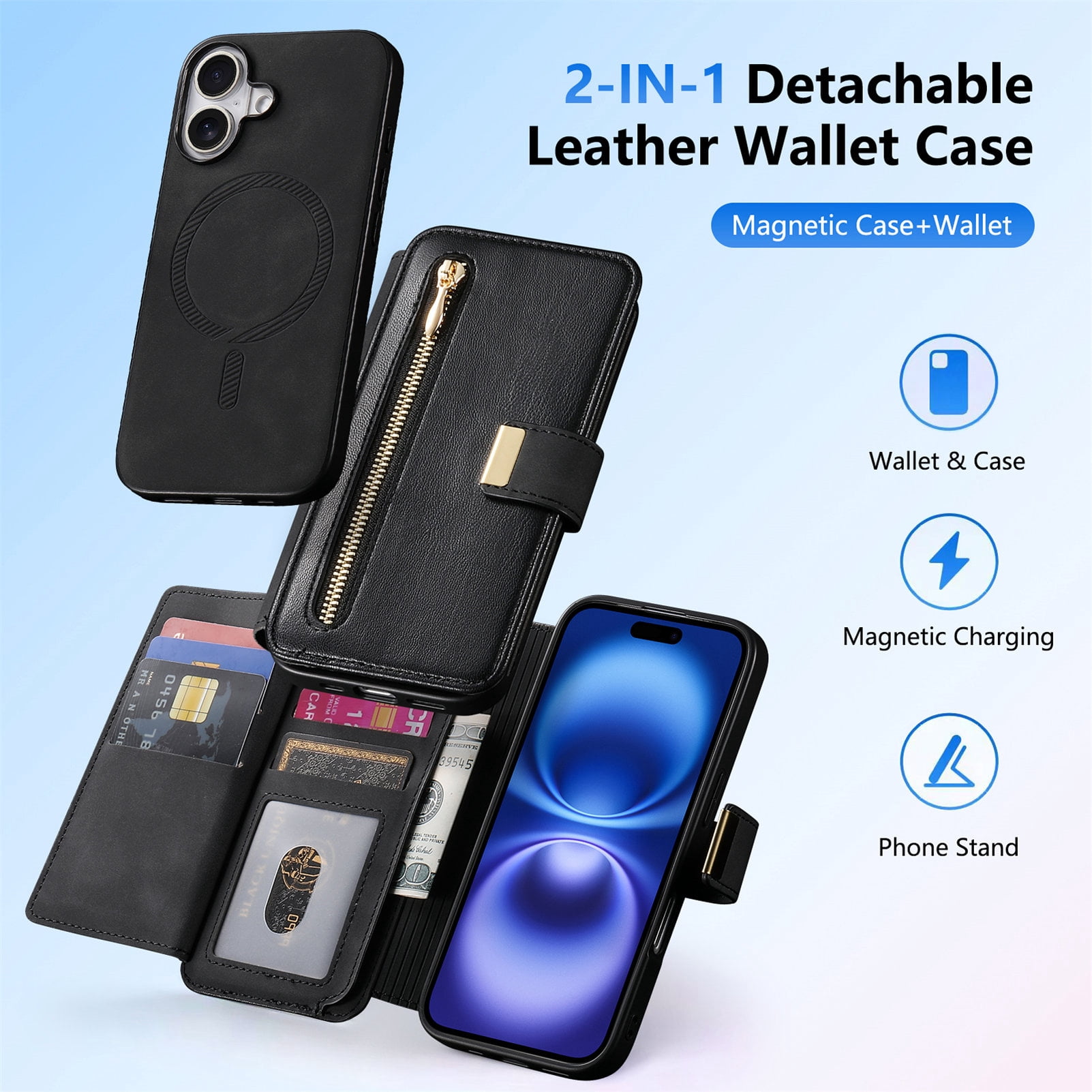 TECH CIRCLE for Galaxy S24 FE 2-in-1 Phone Case 6.7" 2024, Magnetic Back Cover with Removable Flip Wallet Case, with Card Slots/Ring Holder Grip, Compatible with MagSafe, PU Leather Case, Black