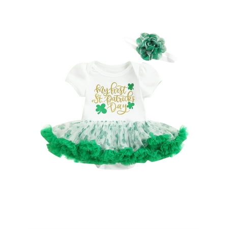 

Suanret Infants Baby Girl 2Pcs Spring Holiday Outfits Short Sleeve Letter Print Romper Tutu Dress Headband Set Green 1 0-3 Months