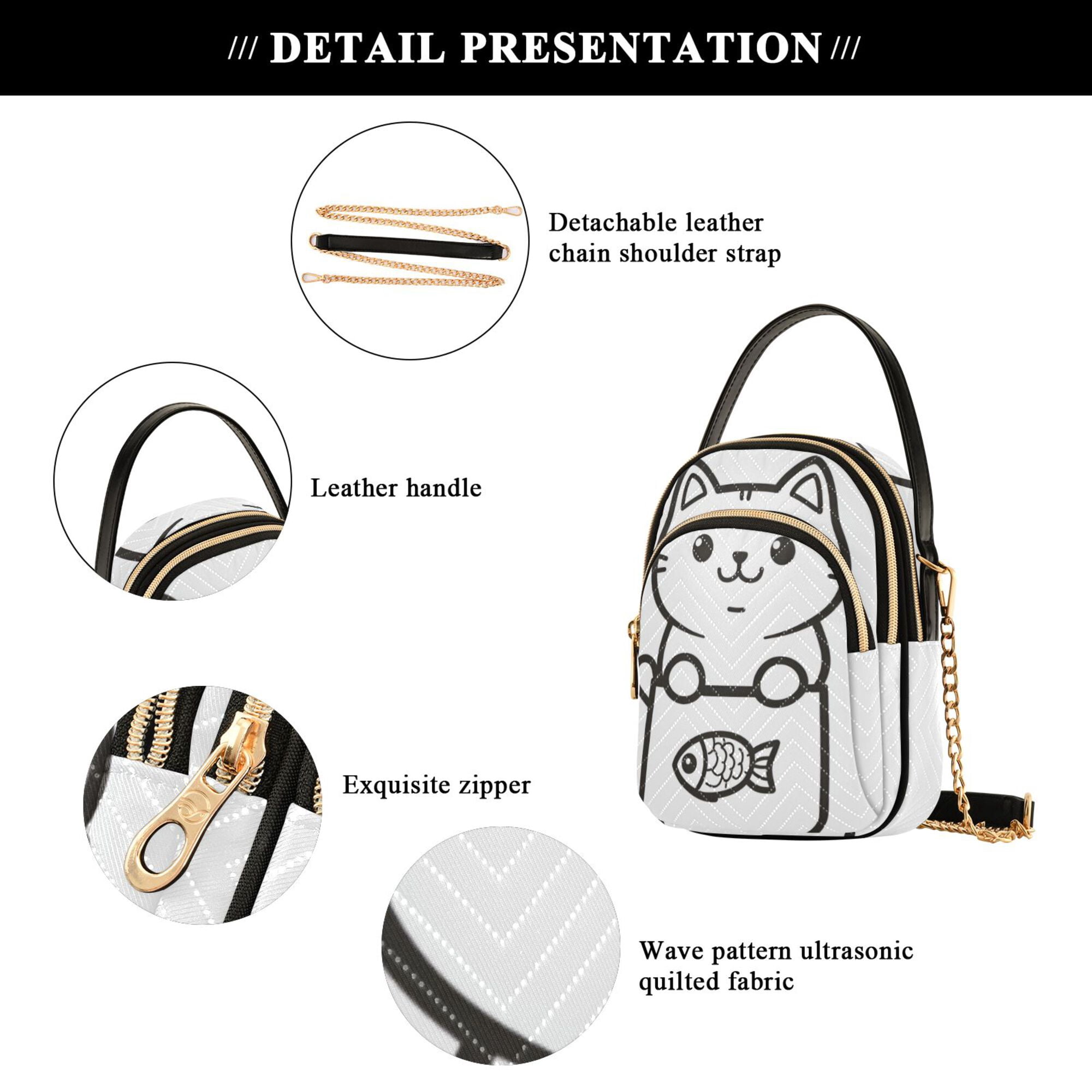 FORMRS Crossbody Bag for Women Quilted Travel Shoulder Cell Phone Purse with Chain Strap Handbag, Cute Chubby Cat