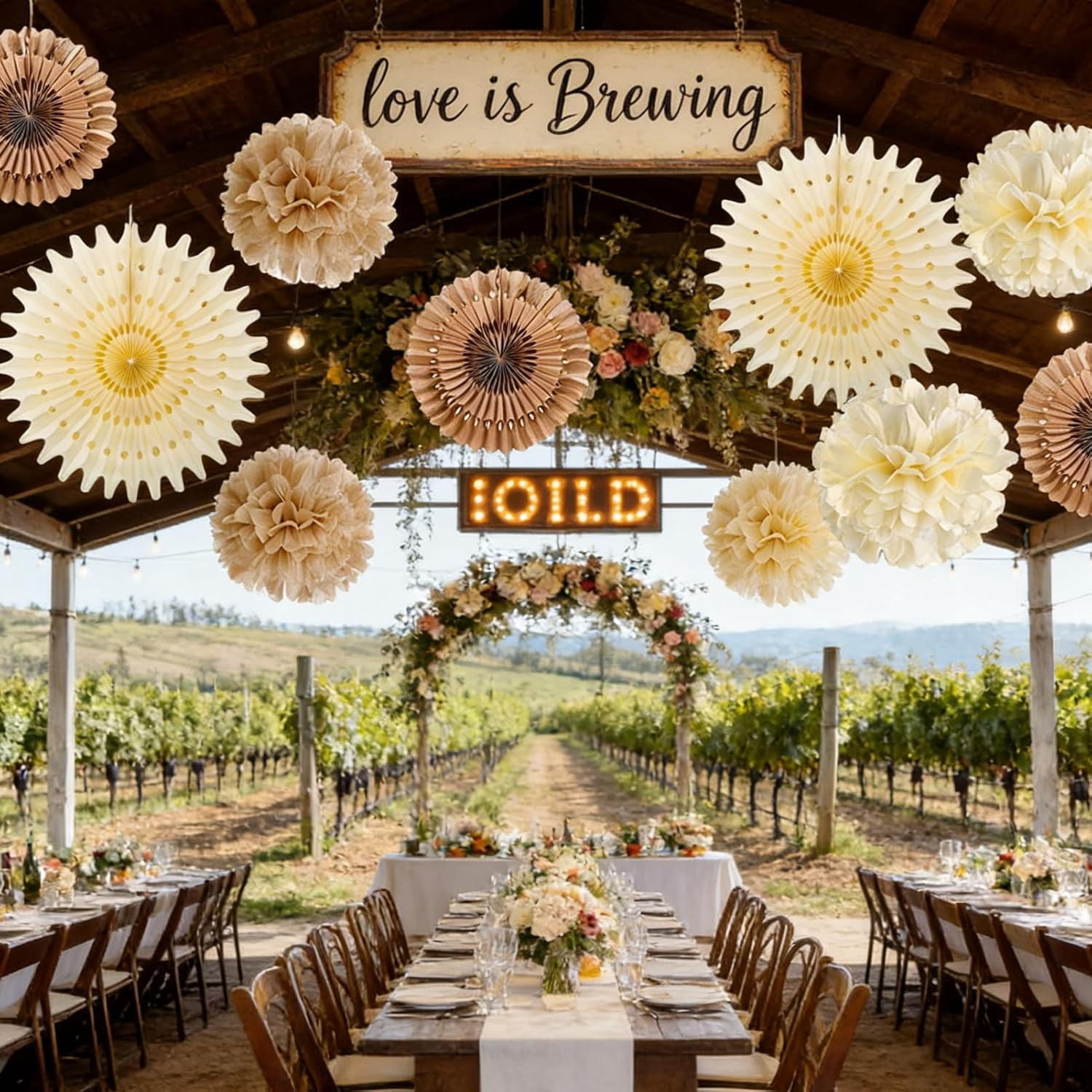 Brown Party Decorations Boho Wedding Party Decor Brown Beige Tissue Pom Poms Paper Fans Hanging Neutral Women Birthday Party Decorations Bridal Shower Baby Shower Rustic Engagement Decor