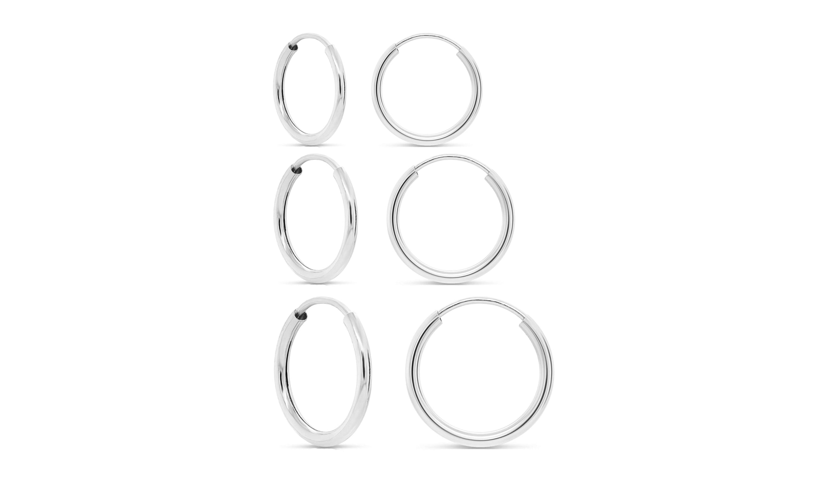 3 Pack 925 Solid Sterling Silver Hoop Earrings - Round Endless Hoop Earrings Set Lightweight 10MM 12MM 14MM