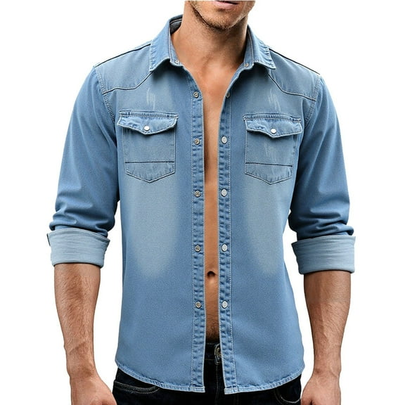 Men's Slim Fit Casual Long Sleeve Shirt Denim Shirt Jacket Fall Winter Korean Retro Minimalist Design Daily Light Blue 4XL