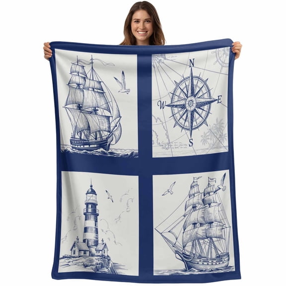 Nautical Navy Blanket Soft Cozy Warm Throw Blanket for Couch, Plush Fuzzy Flannel Fleece Blankets for Sofa, Blue Lighthouse Boat Compass Ocean Bed Blankets Lightweight Gifts for Women, 30"x40"
