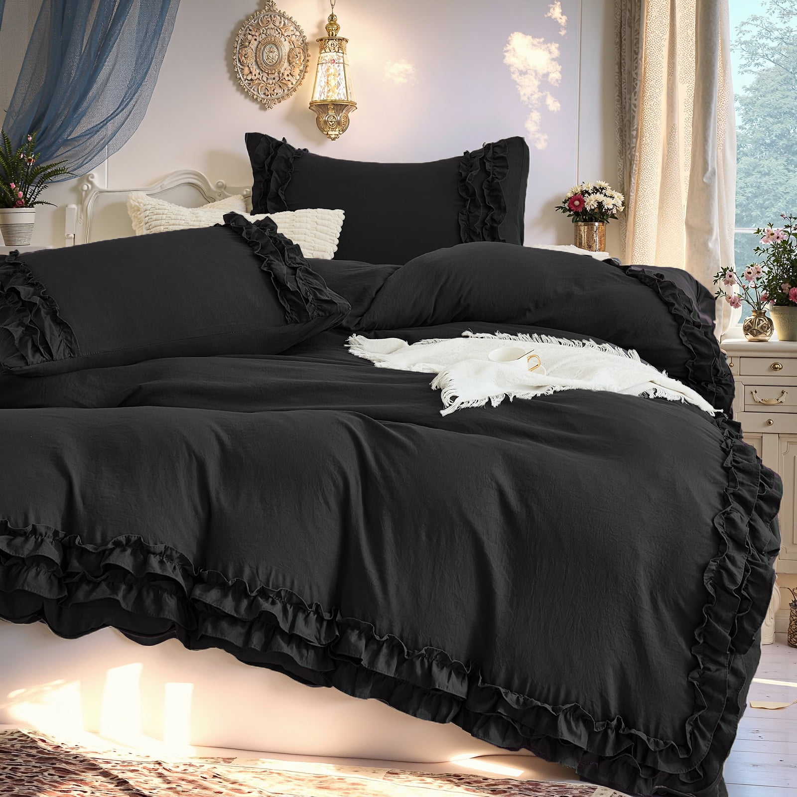Boho Ruffled Comforter Set Super Soft Cozy Bedding Set with Pillowcases Elegant Chic Bedroom Decor Rustic Farmhouse Quilt Comforter 3 Pcs Set