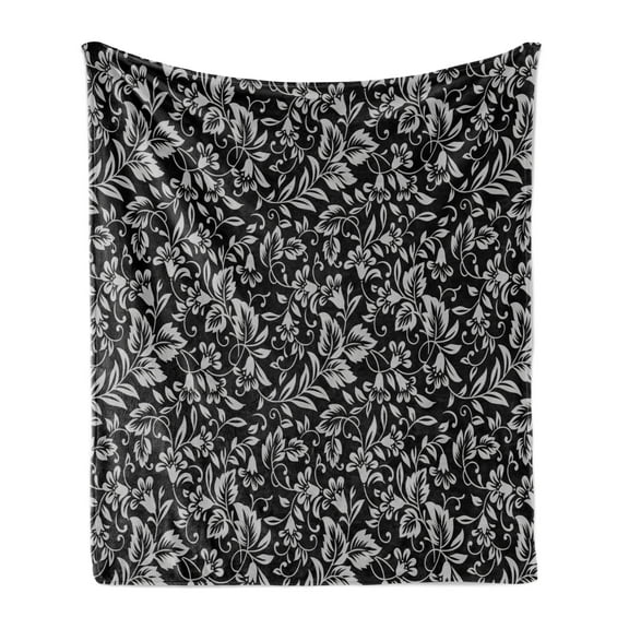 Charcoal Grey Soft Flannel Fleece Throw Blanket, Garden Inspired Vintage Artwork of Classy Damask Like Motifs and Leaves, Cozy Plush for Indoor and Outdoor Use, 50" x 60", Pale Taupe, by Ambesonne