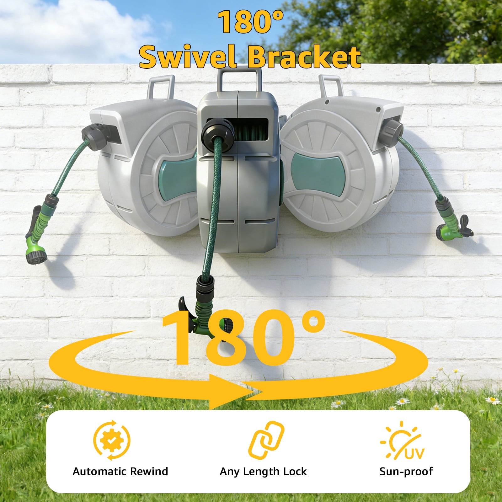 XYJBHB 100 FT Retractable Garden Hose Reel 1/2", Heavy Duty Wall Mounted Water Hose with 150 PSI Anti-Kink Pipe, All-Weather Durable, 180° Swivel & 7-Pattern Nozzle for Car Wash, Pet Bath & Gardening