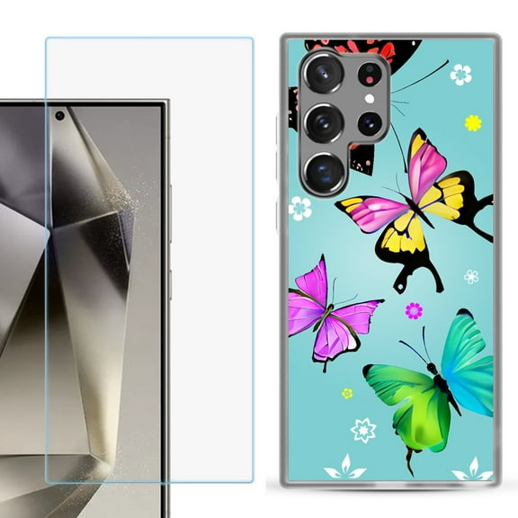 For Samsung Galaxy S25 Ultra 5G Phone Case Cover with Tempered Glass Screen Protector, by OneToughShield - Butterfly