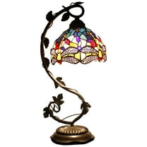 Tiffany Desk Lamp Banker Stained Glass Bedside Table Lamp Blue Yellow Dragonfly Style Metal Leaf Thin Base 21" Tall Reading Light for Bedroom Living Room Country Farmhouse WERFACTORY LED Bulb Better