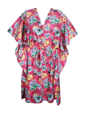 Mogul Women Pink Floral Tunic Dress Cotton Kimono Sleeves Knee Length Comfy Loose Kaftan Beach Cover Up Short Caftan Dresses XL