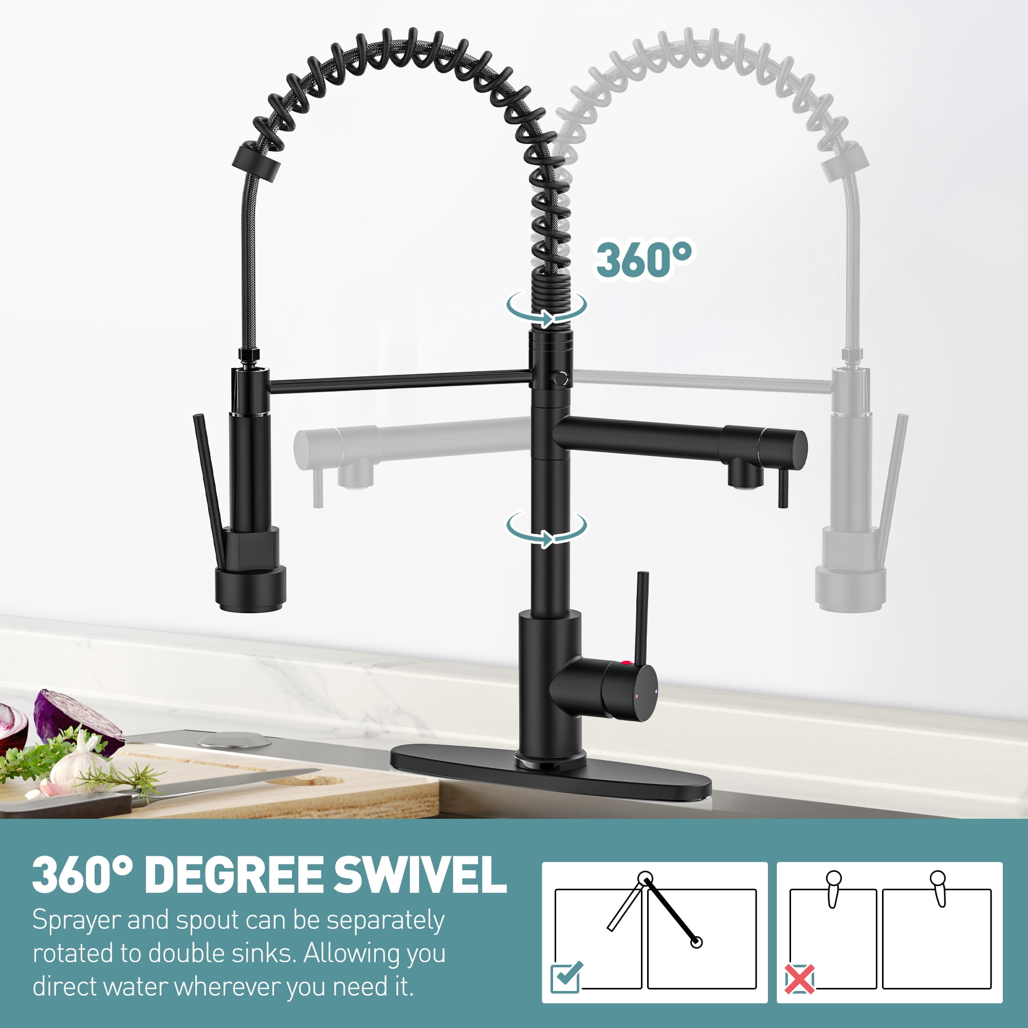 GPED Kitchen Faucet, Kitchen Sink Faucet with 2 Function Sprayer, SUS304 Stainless Steel & Double-Headed, Single Handle High Arc Kitchen Faucet with Pull Down Sprayer & Deck Plate, Matte Black