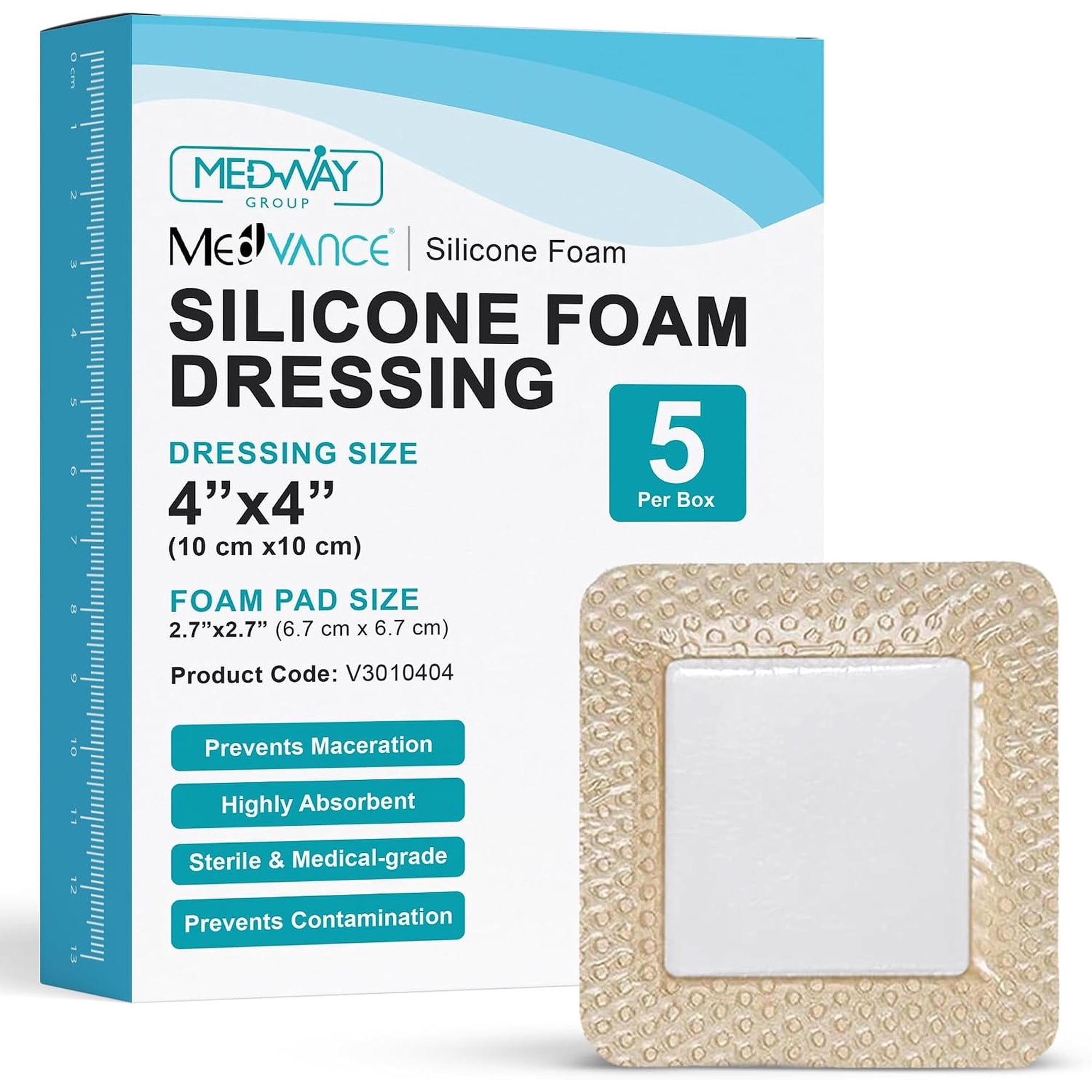 MedVance TM Silicone - Bordered Silicone Adhesive Foam Dressing Size 4"x4" (2.7"x2.7" pad), Box of 5 dressings