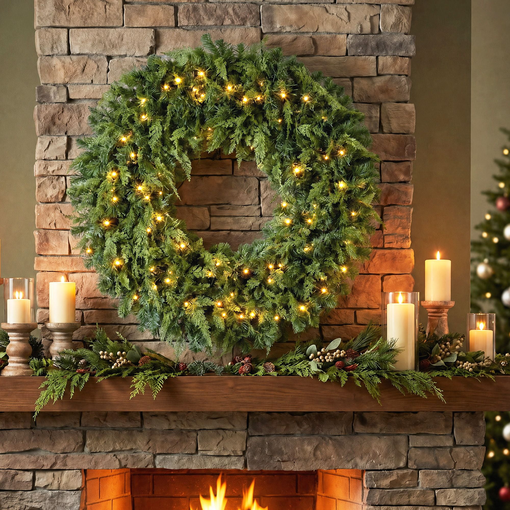 Pre-Lit Artificial Christmas Wreath, 48 in Cedar Design with 150 Warm White LED Lights, 8 Modes, 550 Tips, Indoor and Covered Outdoor Use