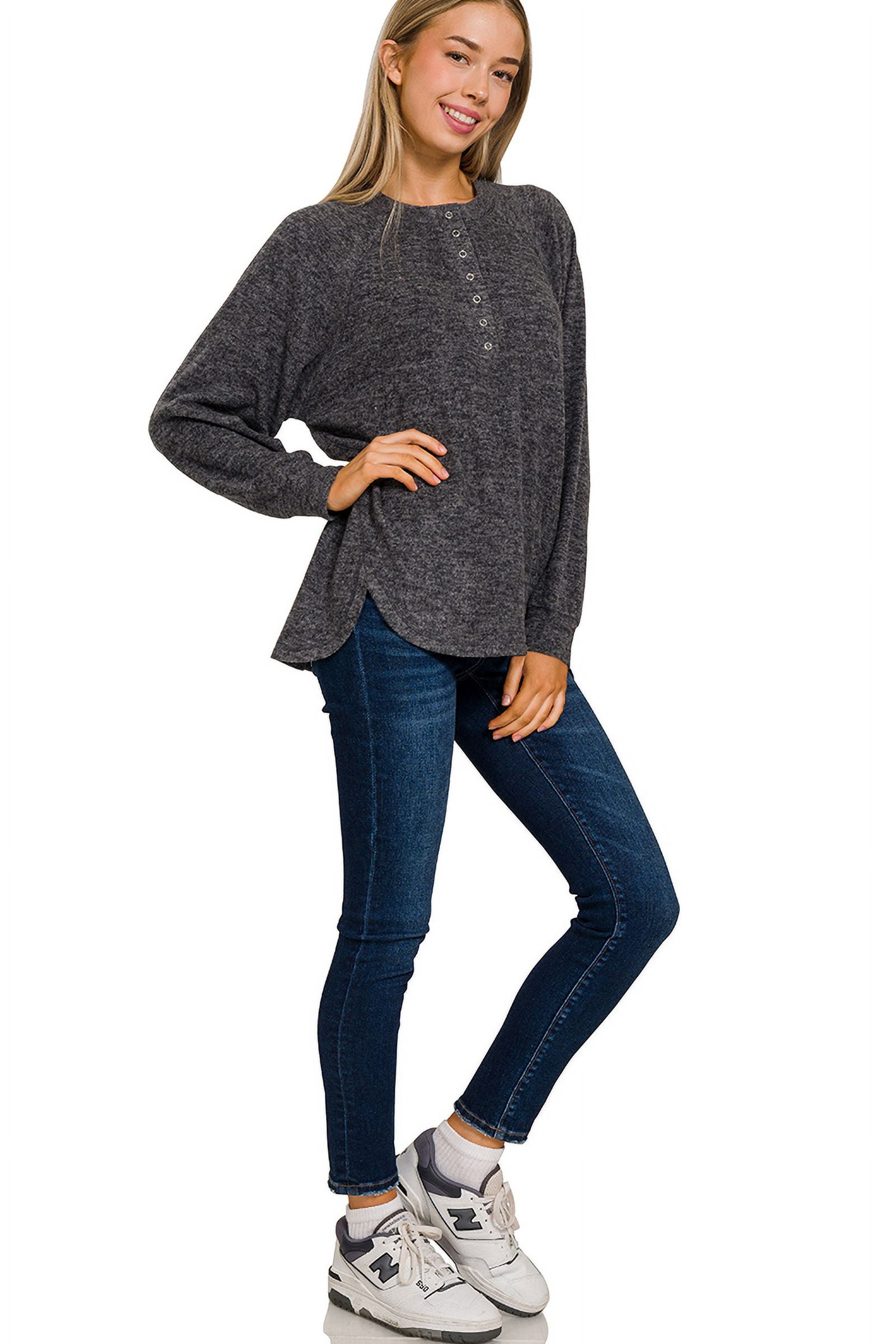 Zenana Women's Casual Brushed Melange Hacci Relaxed Fit 7-Button Henley Placket Light Sweater