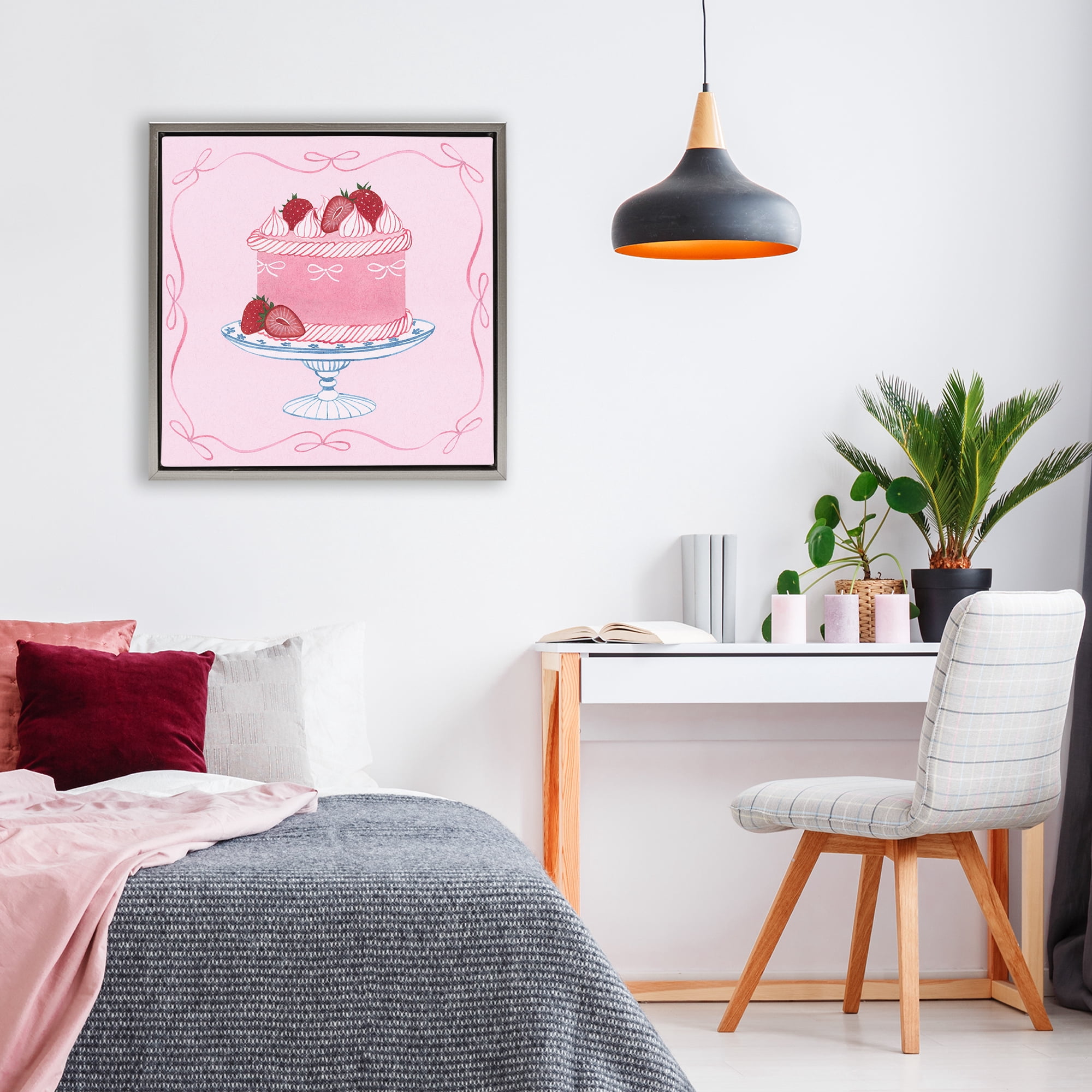 Stupell Industries Pink Strawberry Cake Gray Framed Floater Canvas Wall Art, design by Grace Popp