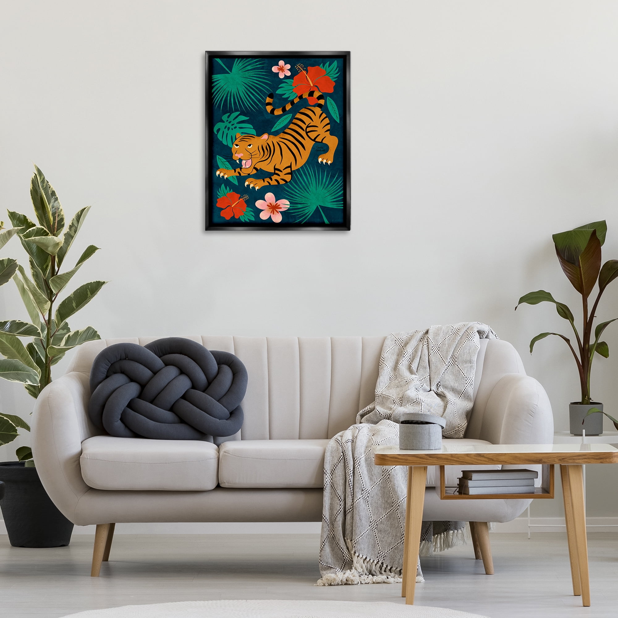 Stupell Industries Crouching Tiger Tropics Animals Painting Black Floater Framed Canvas Art Print Wall Art, 25 x 31
