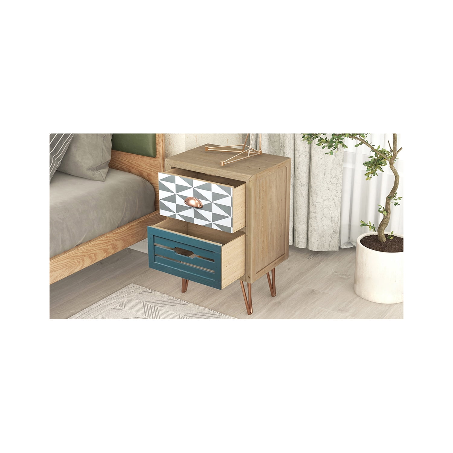Kepooman Wooden Nightstand with Two Drawer and Metal Feet, Modern Style Bedside Table, Natural Kepooman Wooden Nightstand with Two Drawer and Metal Feet, Modern Style Bedside Table, Natural