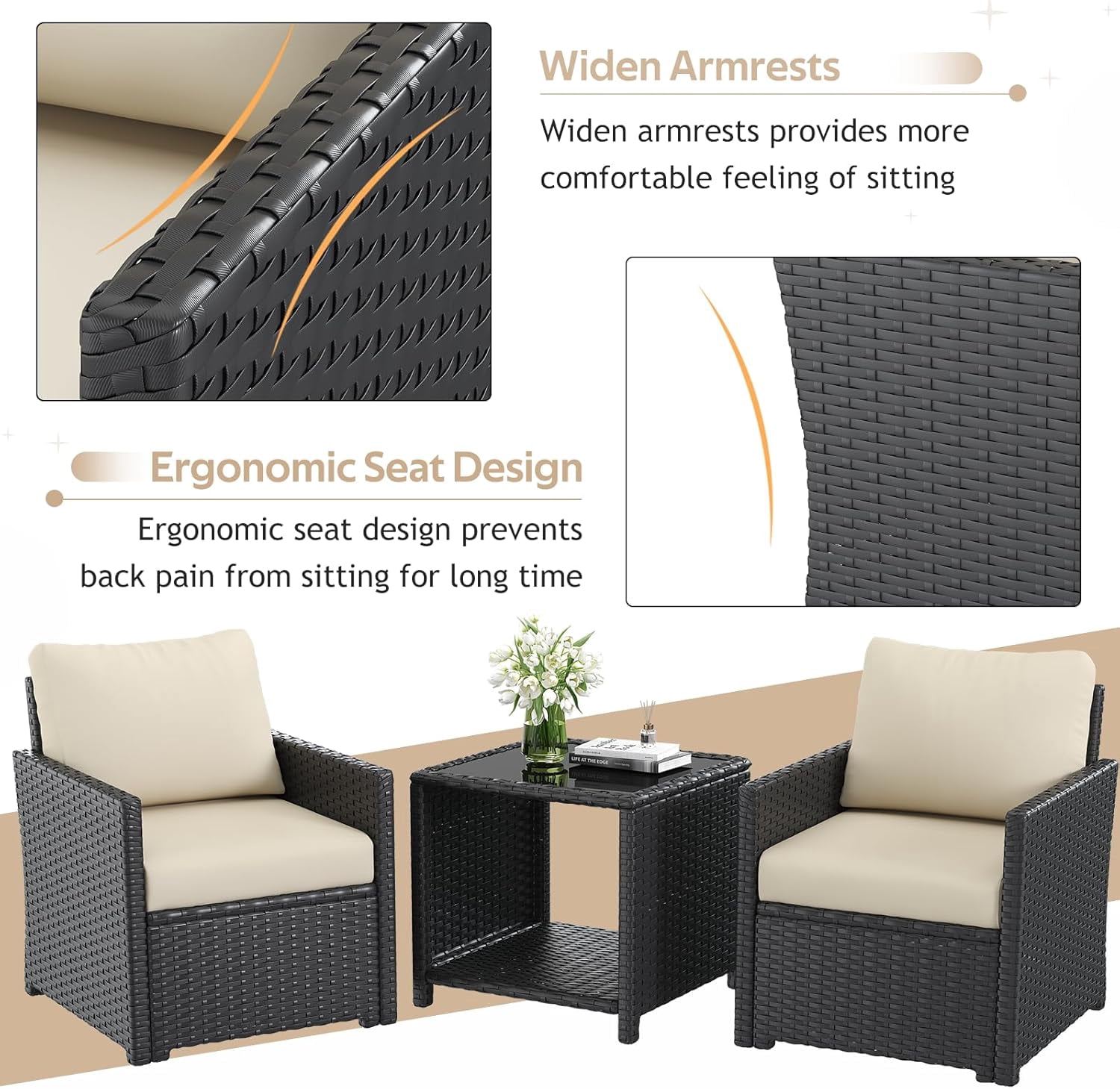 AECOJOY 7 Pieces Outdoor Furniture Set with Two Storage Boxes, Rattan Wicker Sectional Sofa Couch Patio Conversation Set, Black & Biege
