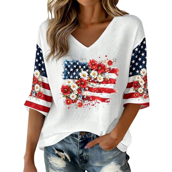 Ounisa USA 250th Anniversary Shirt Women 3/4 Sleeve V-Neck Patriotic Top - American Flag Tee Independence Day Blouse