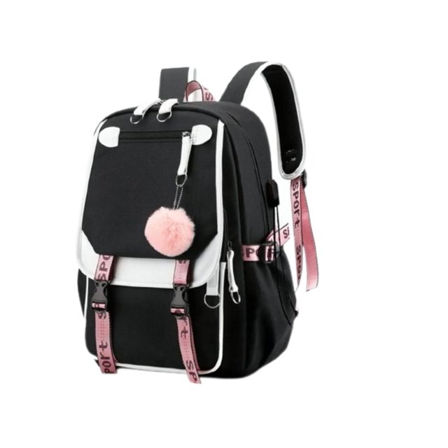 Mochila Estilo Coreano Juvenil Multifunción Con USB Negro Petukita Box Kawaii